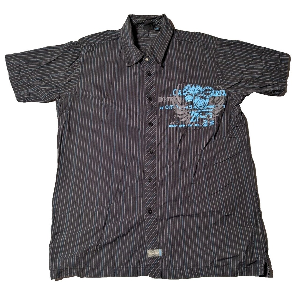 BURNSIDE Men Size XL Charcoal Blue Striped 100% Cotton Graphic Button-Up Shirt